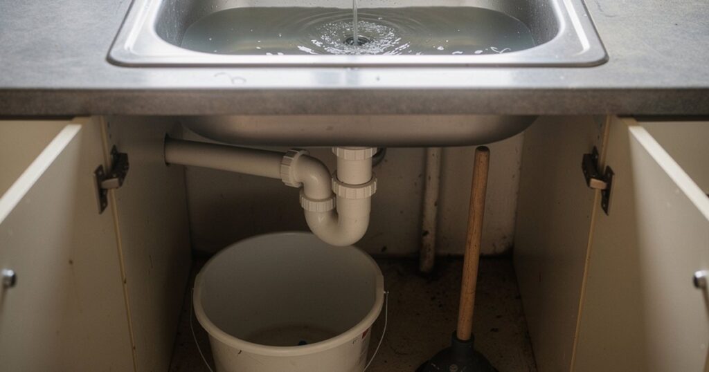 Évier de cuisine dont l'eau s'évacue mal, avec le siphon visible sous le meuble, un seau et une ventouse posés au sol