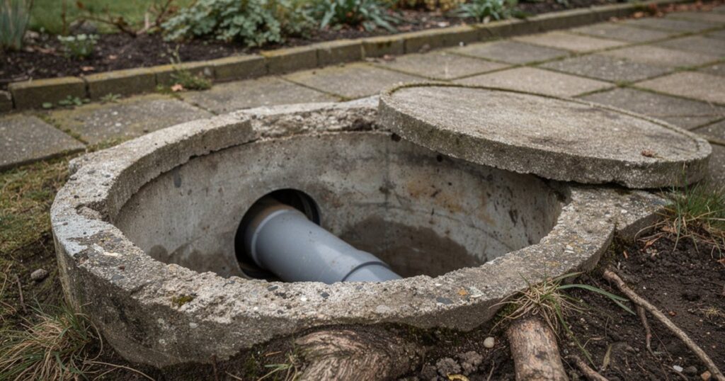 Un regard de visite ouvert dans une allée de jardin, avec un tuyau d'évacuation et des racines d'arbre à proximité
