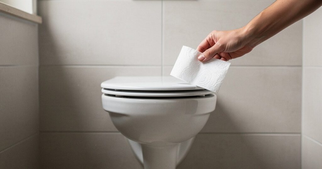 Main qui pose un morceau de papier toilette contre le bord d'une cuvette de WC suspendu pour tester une fuite