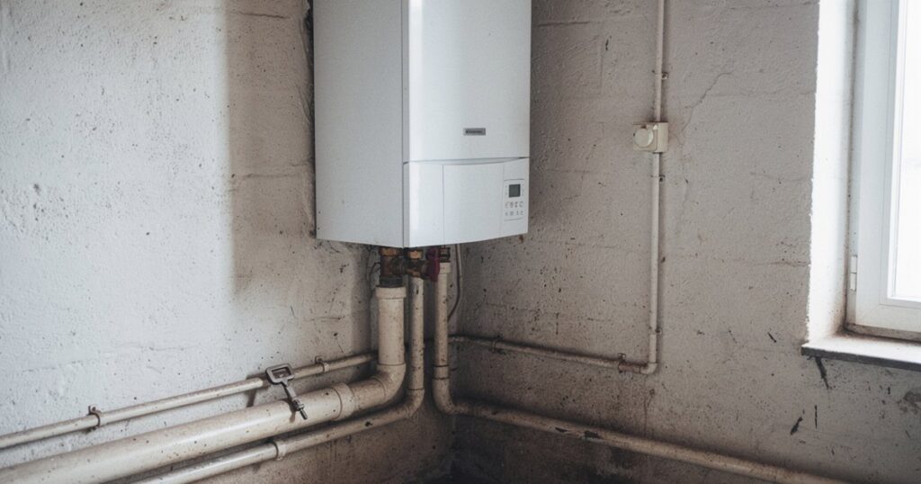 Chaudière murale à gaz dans un local technique, avec une clé de purge de radiateur posée près d'un tuyau