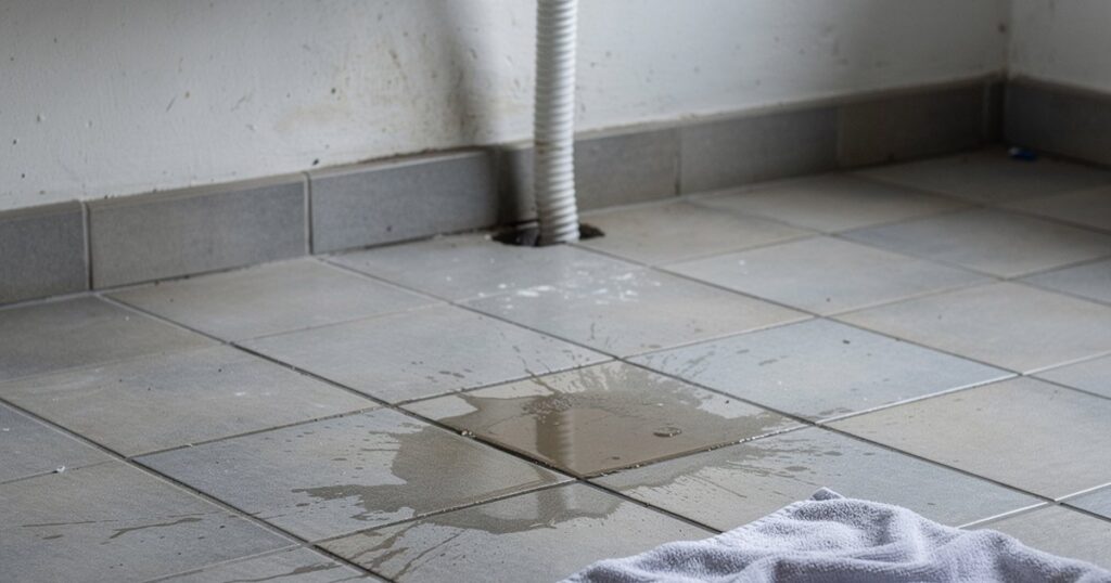 Petite flaque d'eau sur le carrelage sous une chaudière murale à gaz, avec une serviette sèche posée à côté