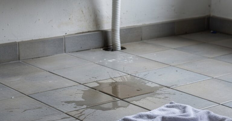 Petite flaque d'eau sur le carrelage sous une chaudière murale à gaz, avec une serviette sèche posée à côté