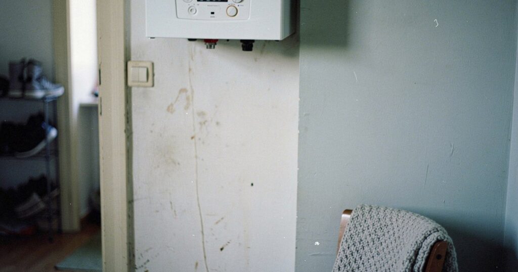 Chaudière murale dont l'écran est allumé, avec un thermostat au mur d'un couloir et un plaid posé sur une chaise