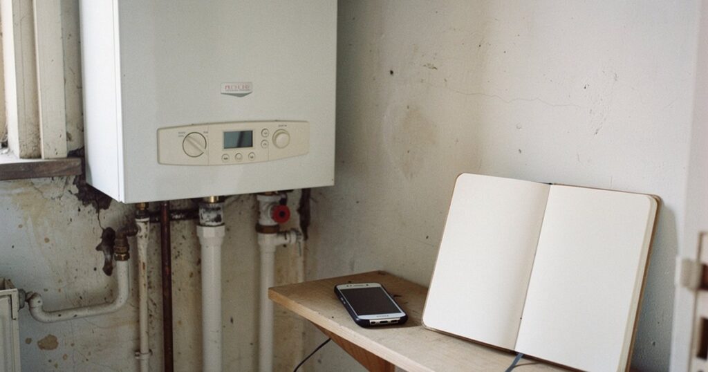 Chaudière murale au gaz dans un placard technique d'appartement, avec un carnet et un téléphone posés à côté