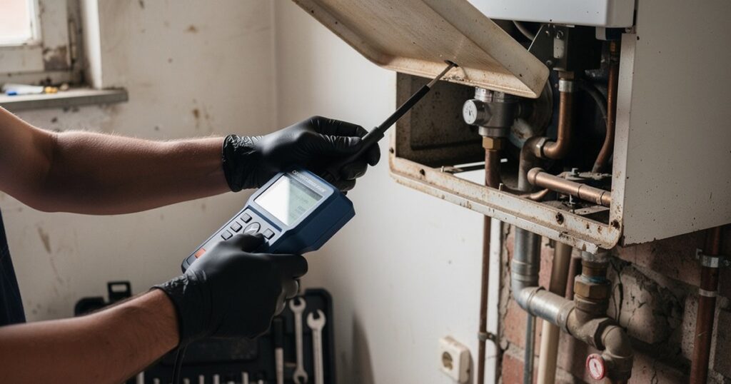 Technicien mesurant la combustion d'une chaudière murale avec un analyseur