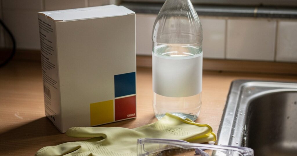 Bicarbonate de soude, vinaigre blanc, gants et lunettes de protection posés à côté d'un évier