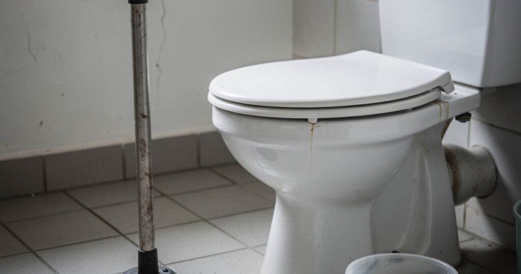 Une ventouse posée près d'une cuvette de WC blanche, avec un seau d'eau sur le carrelage