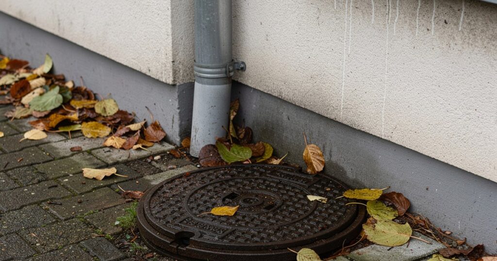 Plaque d'inspection en fonte au bord d'une allée pavée, au pied d'une descente de gouttière couverte de feuilles mortes