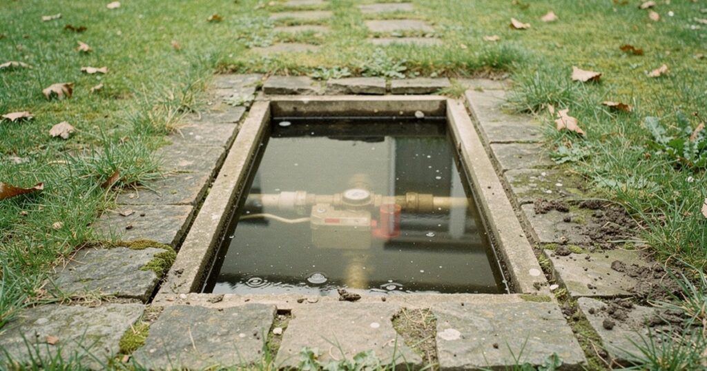 Regard de compteur d'eau ouvert dans une pelouse, avec de l'eau au fond