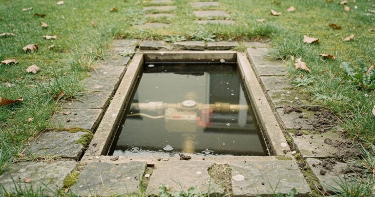 Regard de compteur d'eau ouvert dans une pelouse, avec de l'eau au fond