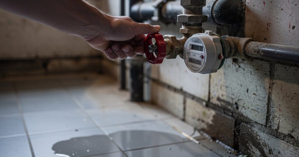 Main fermant la vanne d'arrêt rouge près du compteur d'eau, flaque au sol