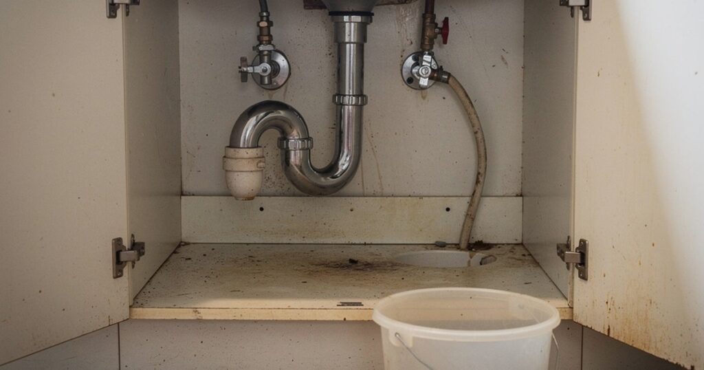 Meuble sous évier ouvert avec siphon, vannes d'arrêt et seau