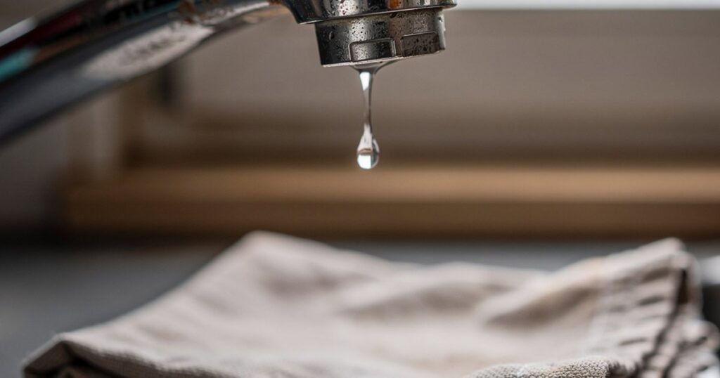 Goutte d'eau suspendue au bec d'un mitigeur de cuisine chromé