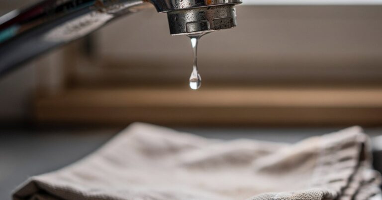 Goutte d'eau suspendue au bec d'un mitigeur de cuisine chromé