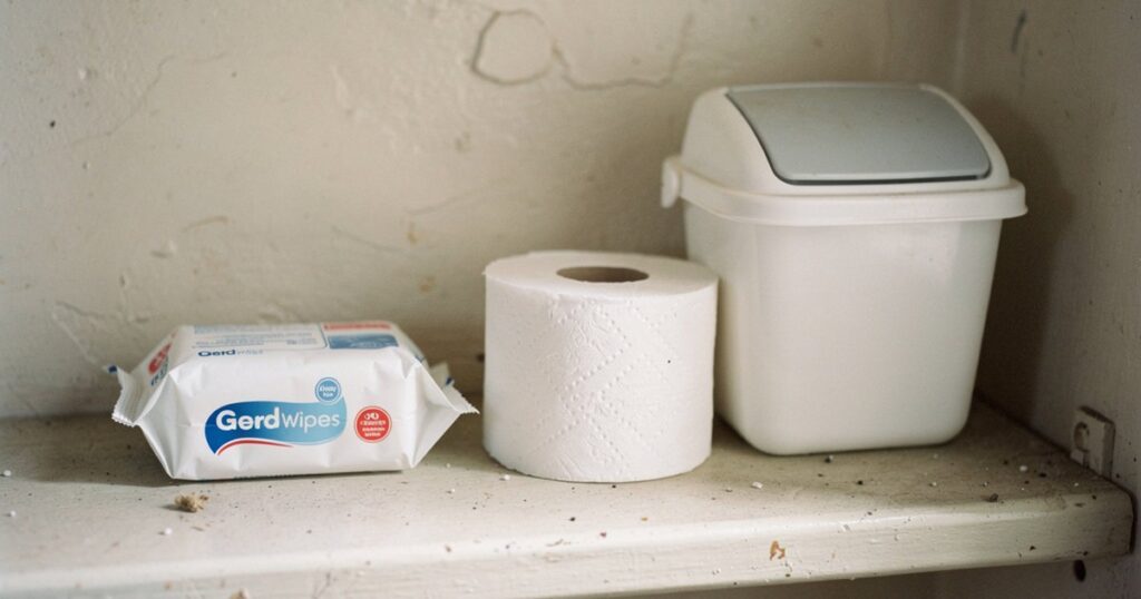 Un paquet de lingettes, un rouleau de papier toilette et une poubelle à couvercle dans une salle de bains