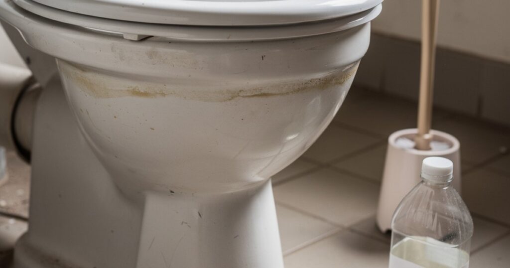 Une cuvette de WC blanche avec des traces de calcaire, une brosse et une bouteille de vinaigre blanc à côté
