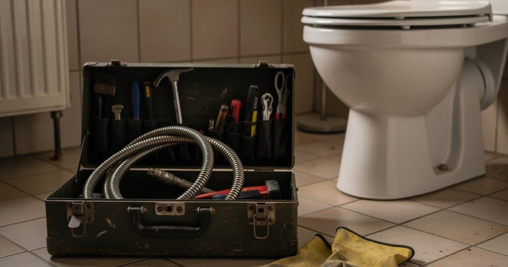 Une caisse à outils de plombier ouverte sur le sol d'une salle de bains, près d'une cuvette de WC