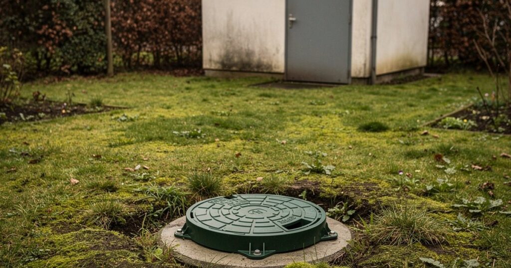Un couvercle de visite de fosse septique posé dans une pelouse, avec un abri de jardin en arrière-plan