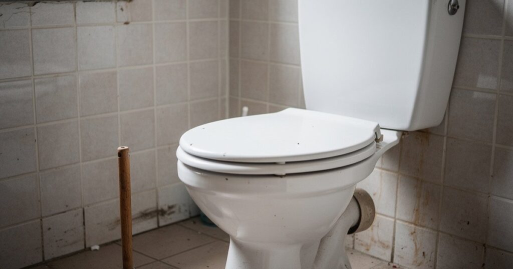 Toilette blanche dans une salle de bain carrelée avec une ventouse